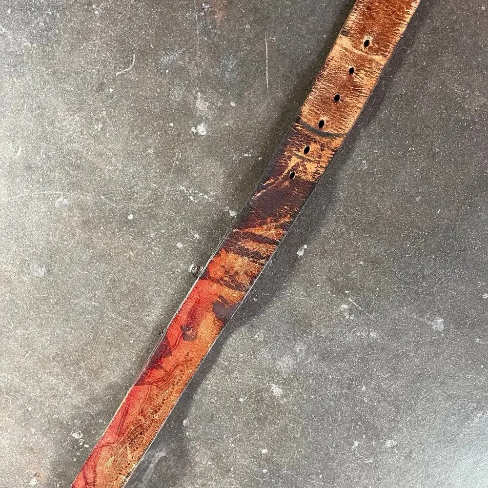 vintage water damaged nubuck leather belt mountain design